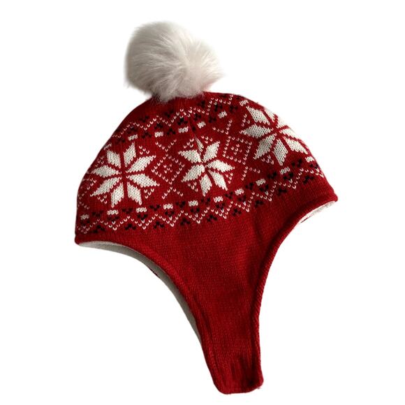 Old Navy Fair Isle Pom-Pom Trapper Hat - Red White - Large ` - Picture 1 of 8